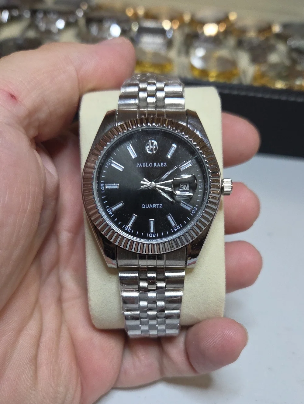 Men's Silver Stainless Steel Watch with Black Dial